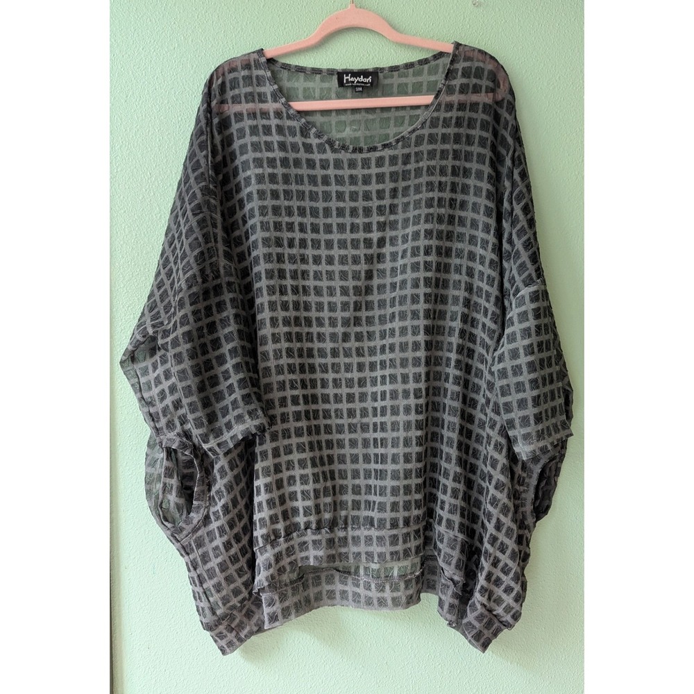 Heydari Lagenlook Art to Wear Sheer Grid Top Grey Oversized Pockets Size S/M